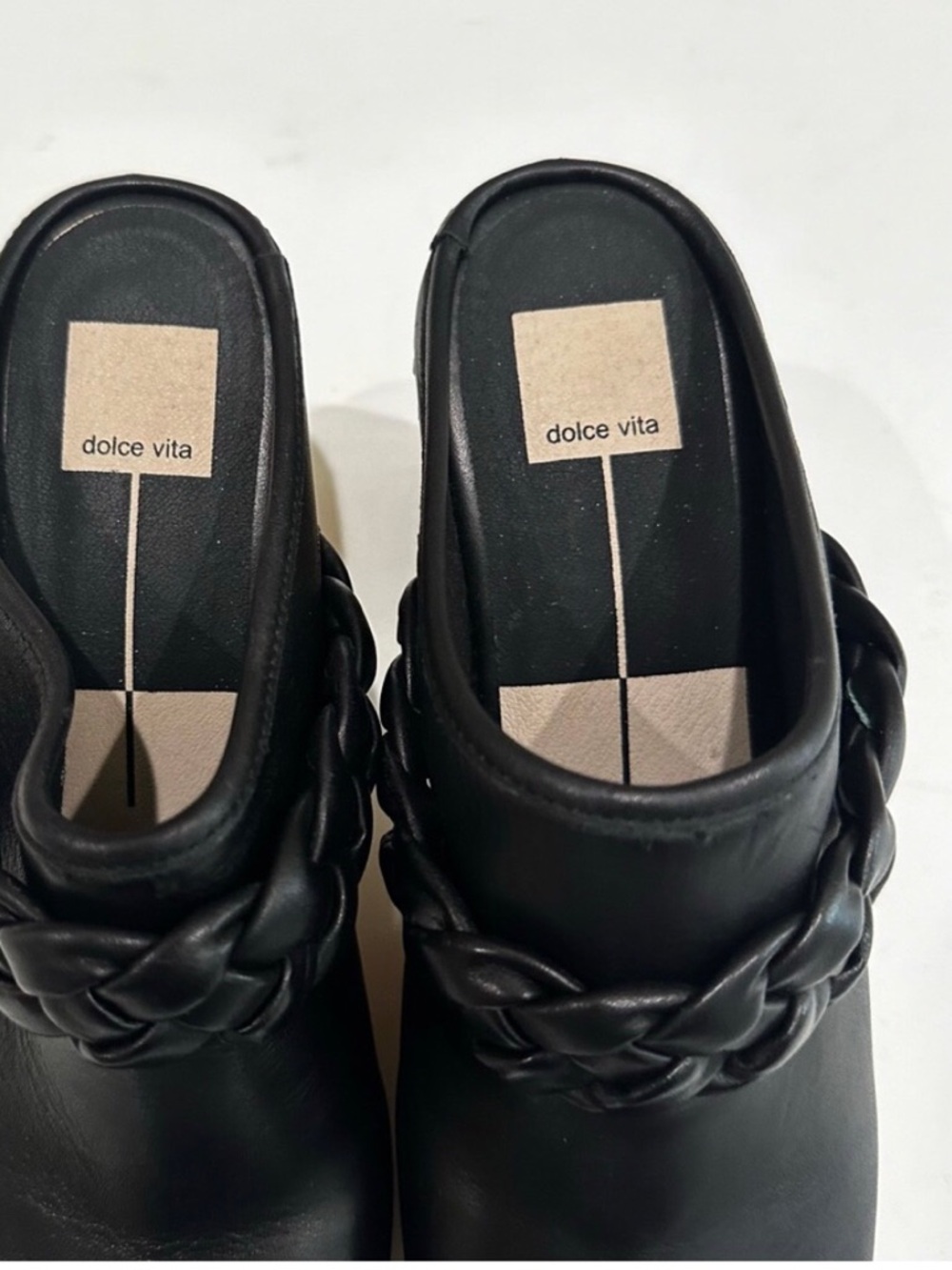 Dolce Vita Black Leather Braided Clog Mules with Wooden Platform Shoes NWOT - Picture 7 of 15